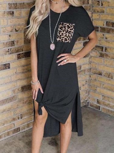 Casual Round neck Short sleeve Gored Pocket Vent Maxi Dresses