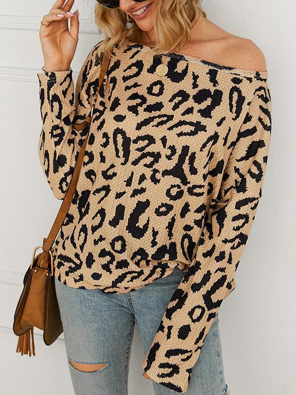 Long sleeve leopard printed one off shoulder  top T-shirts