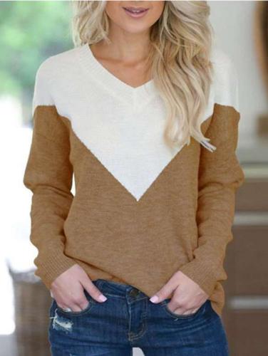 Casual V neck Gored Long sleeve Knit T-Shirts