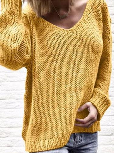 V Neck Long Sleeve Plain Knit Woman Casual Sweaters