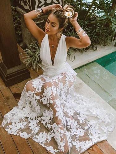 Sexy lace cut-out long vacation dresses