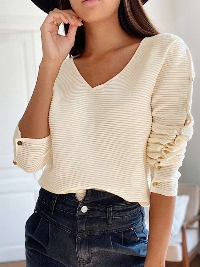 Fashion Pure V neck Long sleeve Fastener Sweaters