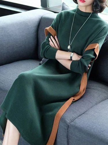 Green Paneled Elegant Stand Collar Knitted Dress