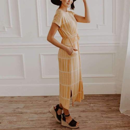 Casual Stripe Round neck Short sleeve Lacing Maxi Dresses