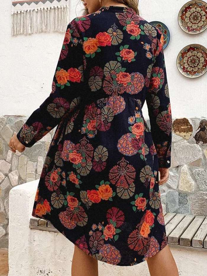 Fashion Casual Loose Print Stand collar Long sleeve Fastener Skirt Shift Dresses