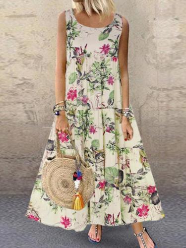 Sleeveless round neck vintage floral printed maxi dresses
