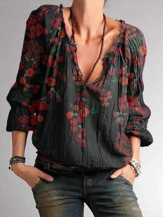 Fashion Casual Print Long sleeve V neck Blouses