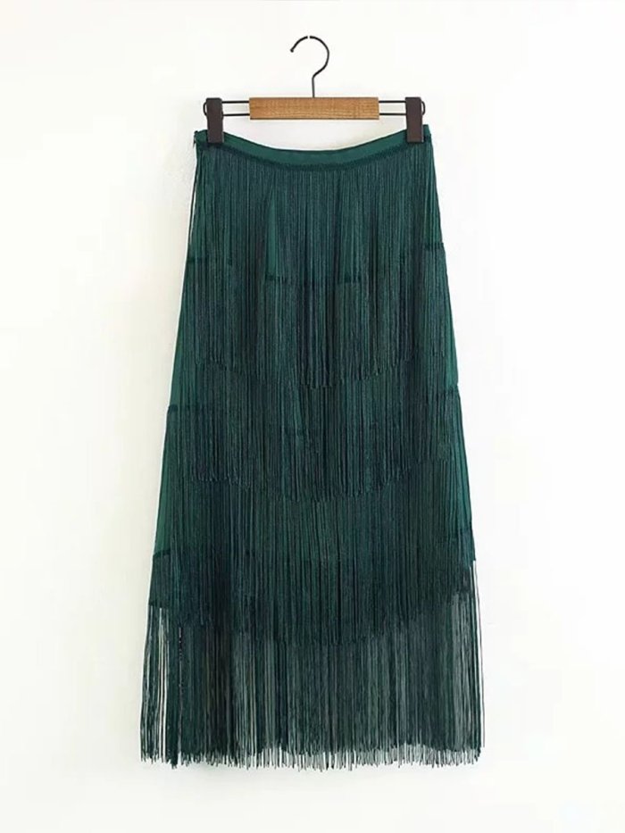 Woman Fashion Green Tassels Skirt
