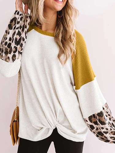Casual Loose Print Gored Round neck Long sleeve Knit Sweaters