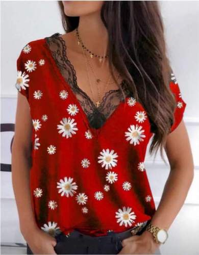 Casual Loose Print Lace V neck Short sleeve T-Shirts