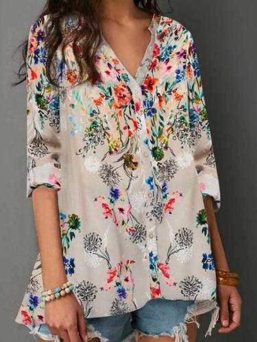 Floral Printed long sleeve v neck button blouses