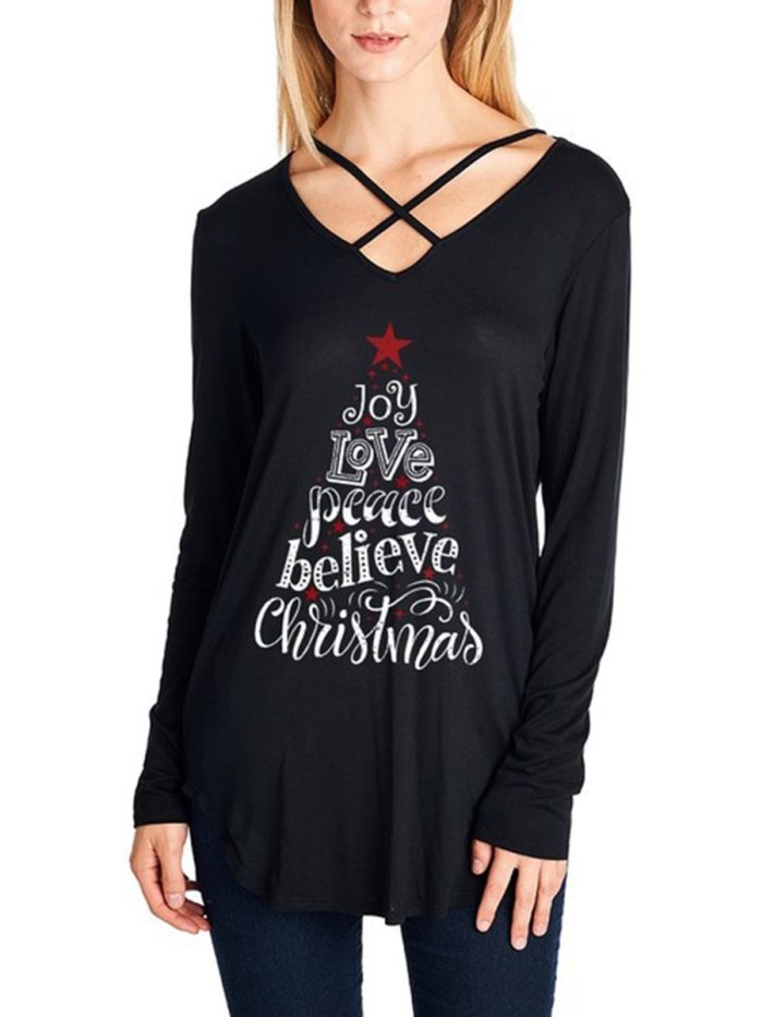 V Neck Tie Woman Long Sleeve Christmas Printed T-shirts