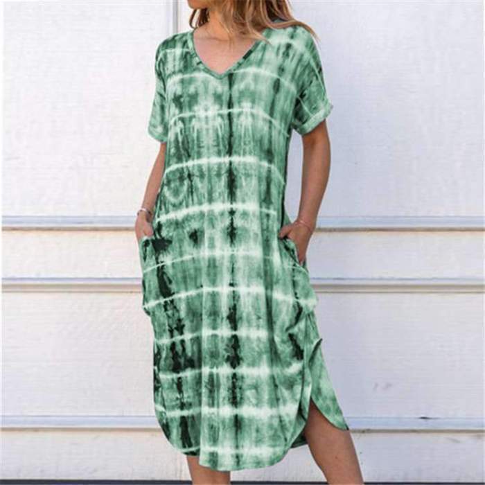 Fashion Print V neck Short sleeve Maxi Dresses