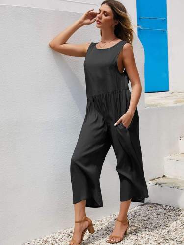 Casual Loose Pure Round neck Sleeveless Backless Jumpsuits