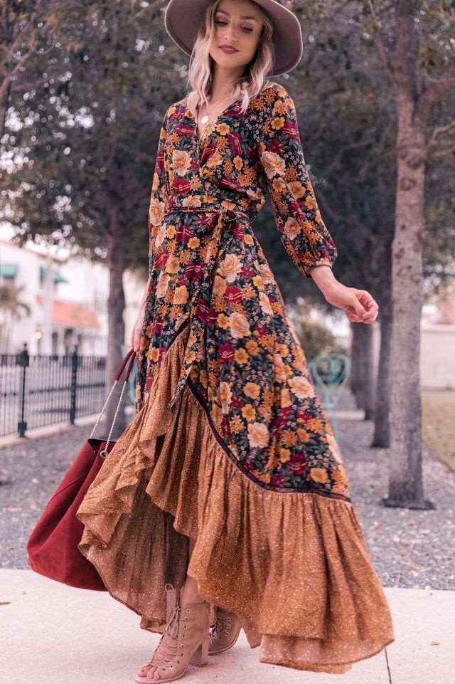 Fashion Print Gored V neck Long sleeve Falbala Maxi Dresses
