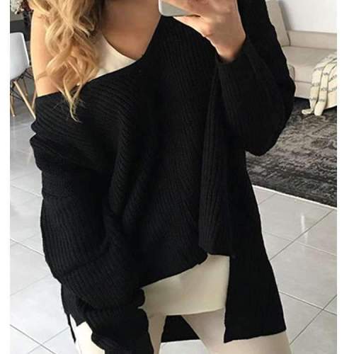 Casual Loose Pure V neck Long sleeve Knit Sweaters