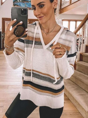 Fashion Casual V neck Hoodies Long sleeve Gored Knit Sweaters
