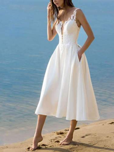 Elegant v-neck halter white evening dress