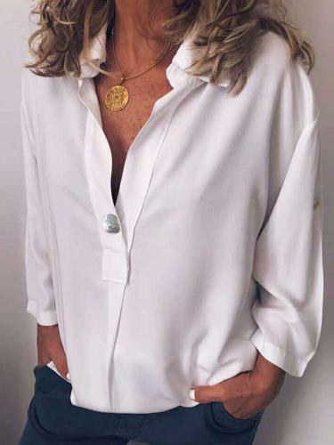 Loose solid v-neck long sleeve Blouses