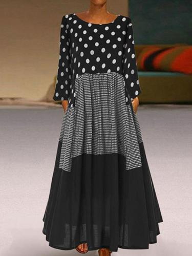 Women round neck polka dot printed long sleeve maxi dresses