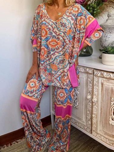 Casual Loose Print V neck Suit