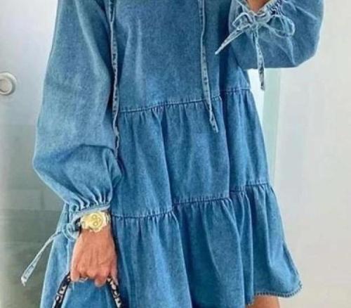 Fashion Casual Pure Gored Long sleeve V neck Jean Shift Dresses