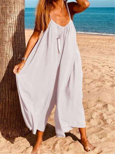 Casual Loose Pure V neck Vest Sleeveless Jumpsuits