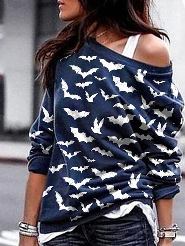 Halloween Printed one off shoulder long-sleeve T-shirts