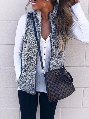 Two Colors Faux Fur Collar Zipper Plain Woman Vests