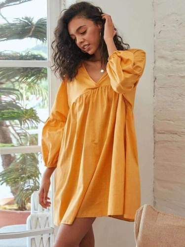 Casual Loose Pure V neck Long sleeve Gored Shift Dresses