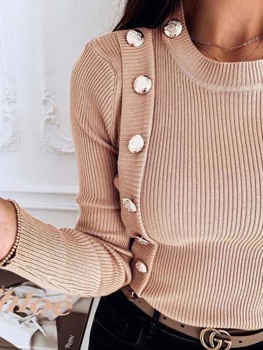 Button Decoration Slim Women Long Sleeve Knit Sweaters