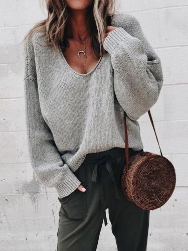 Simple Solid Color V-neck Sweater Tops