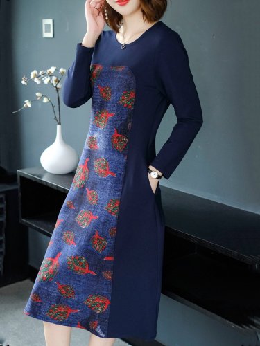 Blue Abstract Paneled Crew Neck Knitted Midi Dress