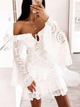Fashion Pure Lace Hollow out One shoulder Skater Dresses