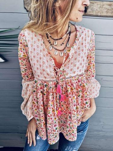 Fashion Casual V neck Long sleeve Print Gored Blouses