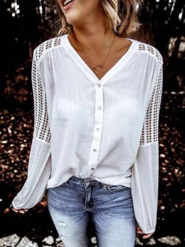 Fashion Pure Hollow out V neck Long sleeve Fastener Blouses