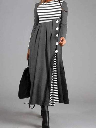 Elegant Casual Stripe Shirt Round Neckline Maxi Dresses