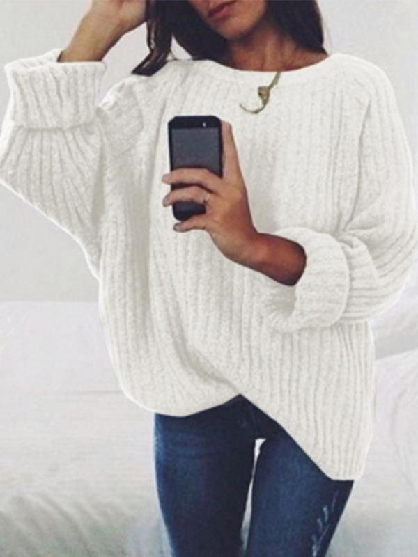Fashion Round Neck Long Batwing Sleeve Knitting Plain Sweaters