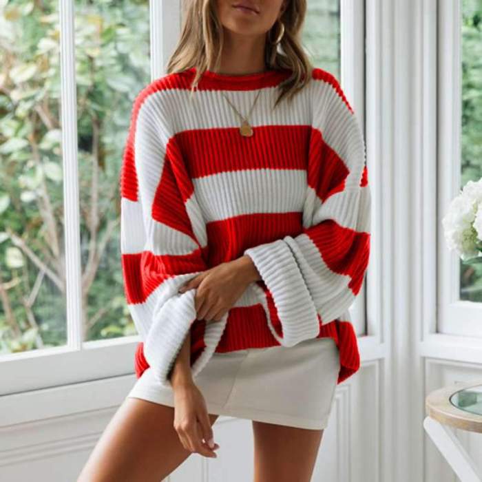 Fashion Loose Stripe Round neck Knit Sweaters