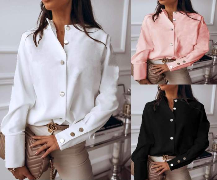 Fashion Pure Stand collar Long sleeve Fastener Blouses