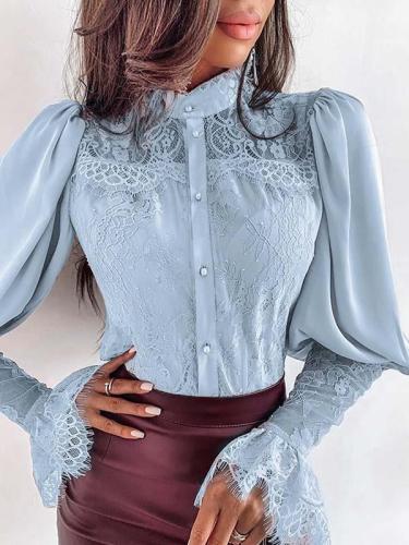 Round neck women lace sexy long sleeve blouses