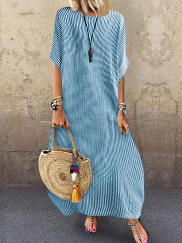 Round Neck Stripes  Holiday Casual Half Sleeve Maxi Dresses