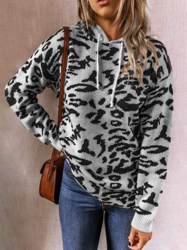Leopard printed fashion hooded long sleeve sweaters