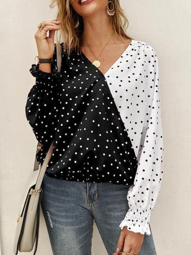 Patchwork polka dot long sleeve top casual blouses