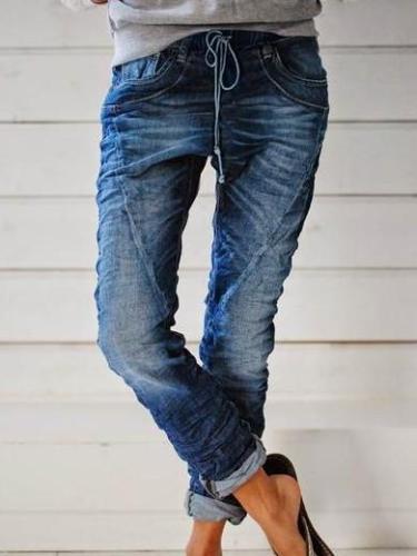 Casual Paneled Solid Side Pockets Self-tie Jean Pants