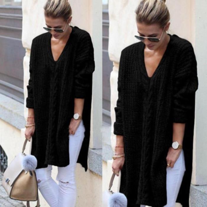 Fashion Knit V neck Long sleeve Vent Sweaters