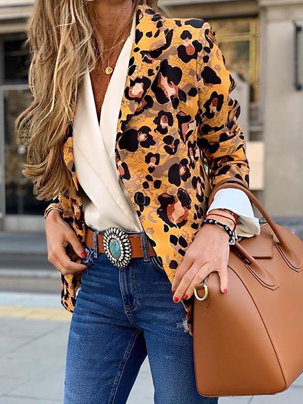 Fashion turn down long sleeve leopard printed blazers