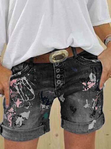 Denim shorts washed printed jeans