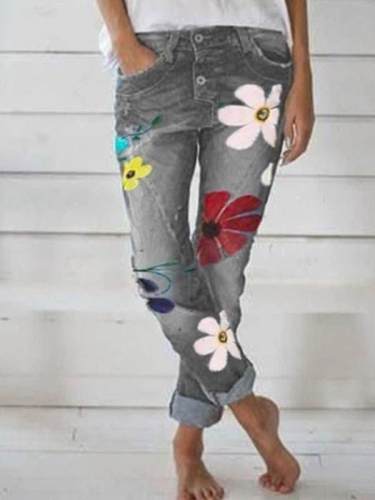 Flower printed denim casual long pants