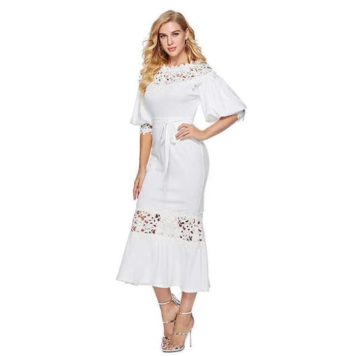 Sexy Lace Hollow out Gored Round neck Half sleeve Maxi Dresses
